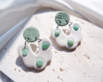 Gemstone Polymer Clay Earrings Jade Earrings Floral Earrings Statement Earrings