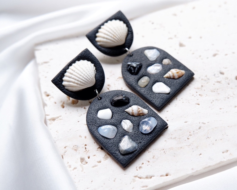 Seashell Polymer Clay Earrings Pearl Earrings Gemstone Earrings Statement Earrings image 6