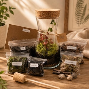 May include: A glass terrarium with a cork lid, containing soil, moss, and plants. Small bags of soil, decorations, charcoal, clay pebbles, and sphagnum moss are arranged around the terrarium. A wooden cork and stick are in the foreground.