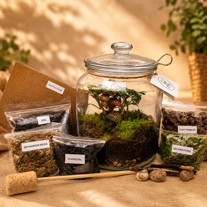 May include: A glass terrarium kit with a clear glass jar, soil, sphagnum moss, charcoal, clay pebbles, and decorations. The kit includes a cork and wooden tool. The jar contains a small plant and moss.