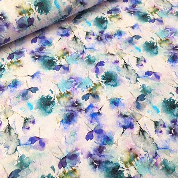 Watercolour Flowers in Aqua Cotton Knit Fabric Watercolour Flowers in Aqua Cotton Knit Fabric