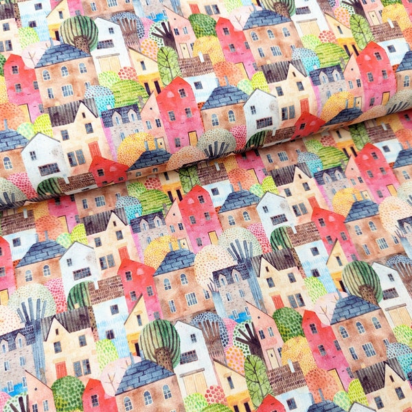 Little Johnny Townhouses 100% Cotton Fabric by the Metre, Half Metre and Fat Quarter