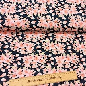 GOTS Pink Blossom on Navy Organic Cotton Jersey fabric, Stretch Jersey, Stretch Fabric