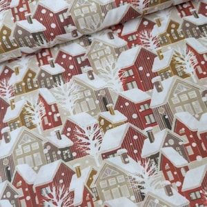 Snowy Houses 100% Cotton Christmas Fabric by the Metre, Half Metre and Fat Quarter