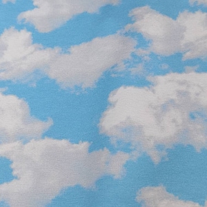 May include: A blue and white fabric with a cloud pattern. The fabric has a soft, textured feel.