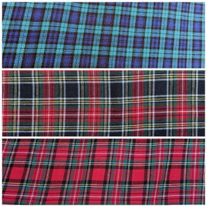May include: Three different plaid patterns in blue, red, and black. The top pattern is blue and black, the middle pattern is red, black, and white, and the bottom pattern is red and black.
