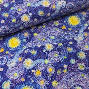 Little Johnny Starry Skies 100% Cotton Fabric by the Metre, Half Metre and Fat Quarter, art fabric, impressionist