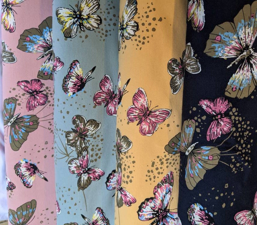 Butterfly Cotton Jersey Fabric, Navy, Blush, Duckegg ,Yellow, Stretch Jersey