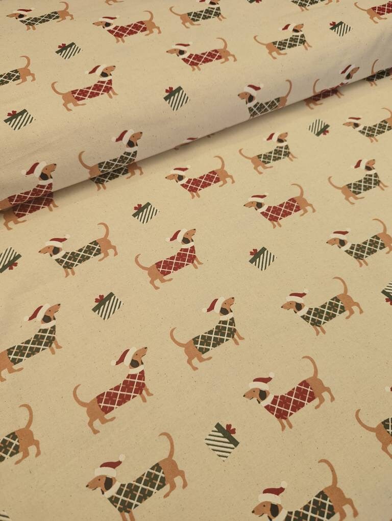 Christmas Sausage Dogs 100% Cotton Fabric by the Metre, Half Metre and Fat Quarter