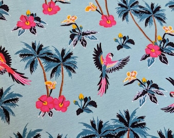 Parrots on Turquoise Cotton Jersey Fabric, Stretch Jersey on