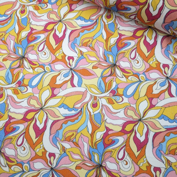 Rétro Floral 100% Cotton Needlecord Fabric par le demi-mètre ou le mètre, psychédélique, années 60