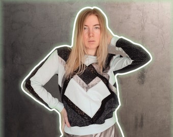 Upcycled women's sweatshirt. Patchwork. Black. Mint. Geometric. Silver. Streetwear. Size XS-S