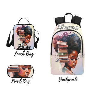 Custom Black Girl Backpack: Watercolor Design, lunch bag, pencil case Set, Back to School supplies, Personalized Bag