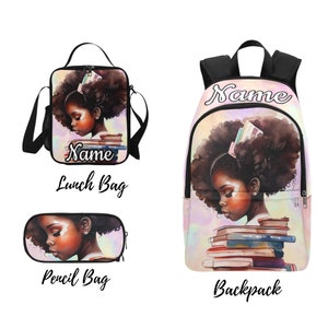 Individueller schwarzer Mädchenrucksack: Bücher-Design - personalisierbar mit Namen, Afrocentric Schultasche, einzigartiges Geschenk