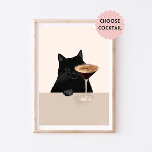 Impresión de gato de cóctel, impresión artística de gato negro, impresión de gato divertido, póster de gato, regalo para amantes de los gatos, impresión de cóctel, arte divertido de gato, arte de cóctel, gato negro