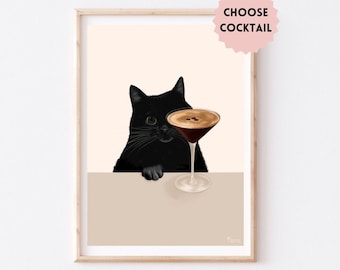 Funny Black Cat Cocktail Art Print: Kitchen Bar Decor