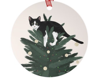 Illustrated Cat Christmas Ornament, Metal Holiday Decor