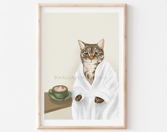 Morning Coffee Print, Coffee Cat Print, Tabby Cat Art, Coffee Cat Art, Cat Poster, Funny Cat Art, Cat Lover Gift, Coffee Art,
