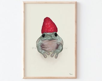 Frog Art Print, Frog with Strawberry, Frog Print, Cute Frog Art, Funny Animal Art, Kawaii Art, Frog Poster, Frog Artwork, Kitchen Wall Art,