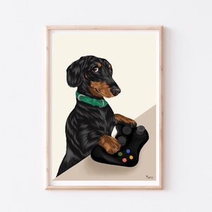 Stampa di cane bassotto da gioco, arte di cani da gioco, arte di cani bassotti, arte di cani divertenti, stampa di gioco, arte murale di gioco, stampa di giocatori, arte murale di animali,