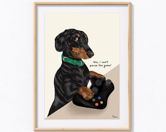 Gaming Dachshund Print: Funny Gamer Dog Art