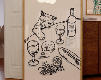 Naughty Cat Wine Print, Funny Kitchen Wall Art, Cat Art Bar Decor, Digital Download, Cat Wall Art, Kitchen Print Funny Cat Print Wine Poster