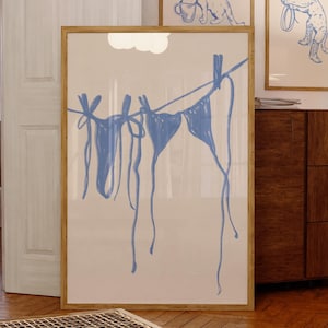 Bikini hängend Linie Kunstdruck blau Wandkunst | Retro Druck | trendige Wandkunst | moderne Kunst Poster | coquette deko wand kunst sommerdruck |