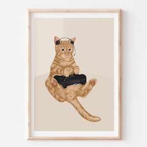 Gamer Cat Print, Cat Art, Gamer Room Decor, Cat Print, Ginger Cat Print, Gamer Gifts, Gifts for Him, Cat Lover Gift, Gamer Print, Cat Poster