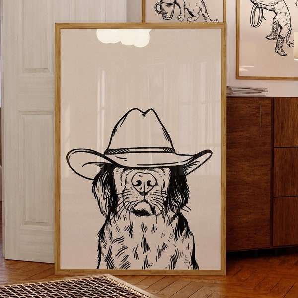 Cowboy Hund schwarz Kunstdruck | Retro Druck | Vintage Kunst | Wandbild Hund schwarz | Western Hund Aufdruck | trendiges Dekor | digitaler Download | Kunst