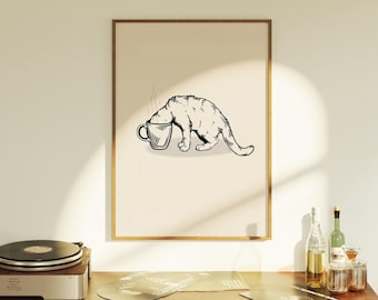 coffee cat art print black | vintage cat print | vintage art | retro print | cat lover gift | trendy decor | funky art | funny cat poster