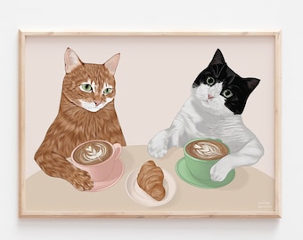 Impression de chats de café, impression de meilleur ami, affiche de chat, impression de chat drôle, cadeau d'amant de chat, cadeau d'anniversaire pour elle, impression de café, impression de chat de smoking,