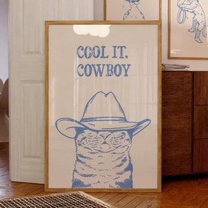 cool it stampa artistica di gatto cowboy / stampa retrò / arte vintage / arte murale blu gatto / stampa di cane western / arredamento alla moda / poster art western / funky