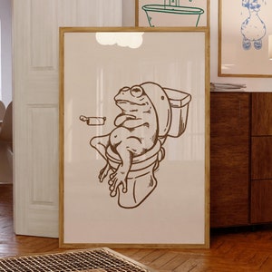 frog on toilet art print | retro frog print | funny bathroom art | brown wall art bathroom | frog print | trendy wall art | digital download