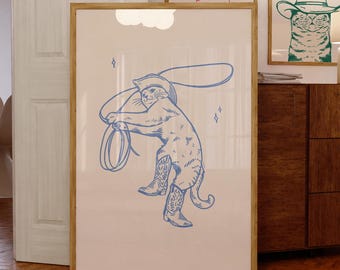 Impresión artística de gato vaquero / impresión retro / arte de pared occidental / impresión de gato divertido / arte de vaquero / arte de pared azul / impresión de gato vaquero arte de descarga digital