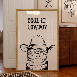 cool it stampa artistica di gatto cowboy / stampa retrò / arte vintage / arte murale blu gatto / stampa di cane western / arredamento alla moda / poster art western / funky