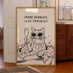 more bubbles less troubles cat print | cat art | wine art print | retro print | vintage art | bathroom wall art | digital download | funky