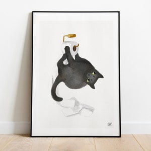 黒猫プリント、バスルーム猫ウォールアート、バスルーム壁装飾、水彩猫プリント、絵画プリント、猫好きへのギフト、猫ウォールデコレーション、猫アート、