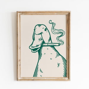 stampa anatra che fuma, arte anatra, stampa retrò, stampa verde, arte vintage, arte murale funky, arte moderna, arte vintage, stampa anatra, stampa fumante, arte