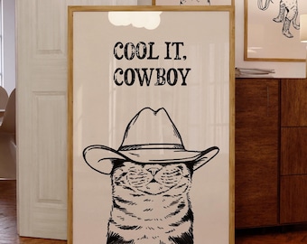 cool it cowboy cat art print | retro print | vintage art | black wall art cat | western cat print | trendy decor printable digital download