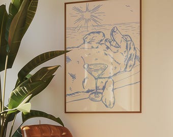 May include: A blue line drawing of a dog lying on a beach with a martini glass. The dog is wearing sunglasses and has a relaxed expression. The drawing is on a white background with a light blue border.