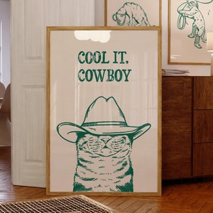 cool it cowboy cat art print | retro cat print | vintage cat art | green wall art cat | western cat print | trendy decor | digital download