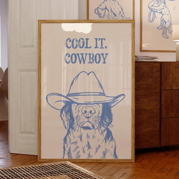 cool it Cowboy Kunstdruck | Retro Druck | Vintage Kunst | Blau Hund Wandkunst | Western Hund Aufdruck | trendiges Dekor | digitaler Download | flippige Kunst |