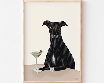 Divertente stampa artistica del Greyhound Martini: poster del cocktail per cani