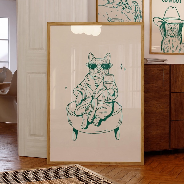 french bulldog with wine art print green | bar wall art | dog art print | retro art | bathroom art poster | bar art trendy digital download