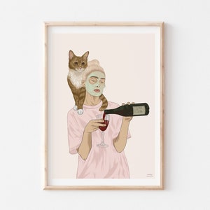 Funny Ginger Cat Art Print, Wine Lover Self Care Gift