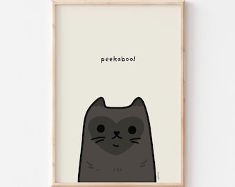 Kawaii Black Cat Art Print – Funny Peeking Cat Illustration