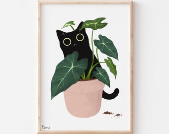Puede incluir: Un gato negro con grandes ojos amarillos asoma por detrás de una planta verde en maceta. La planta está en una maceta rosa y hay algo de tierra en el suelo.