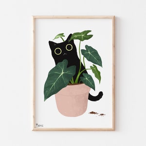 Black Cat Art, Black Cat Print, Plant Cat, Cat Plant Art, Cute Cat Print, Black Cat Lover, Black Cat Gifts, Cat Poster, Cat Lady Gift, Cats,