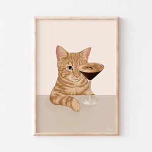 Impresión de gato de cóctel, impresión artística de gato jengibre, impresión de gato divertido, póster de gato, regalo para amantes de los gatos, impresión de cóctel, impresión artística de gato divertido, arte de cóctel,