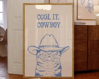 cool it cowboy cat art print | retro cat print | vintage cat art | blue wall art cat | western cat print | trendy decor | digital download |